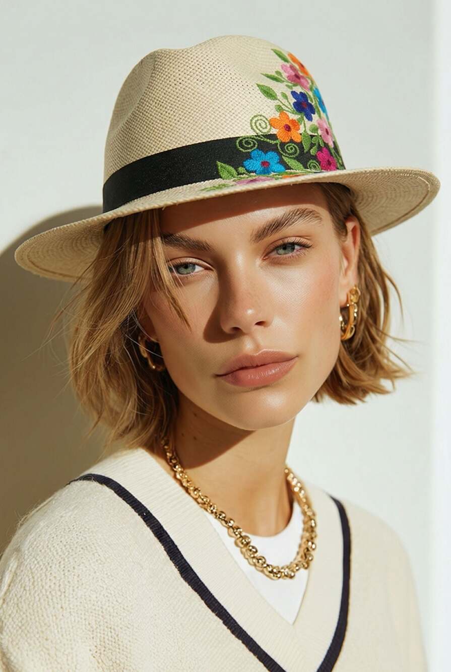 Hand Painted Floral Panama Hat 100% Paja Toquilla Made in Ecuador Size 56